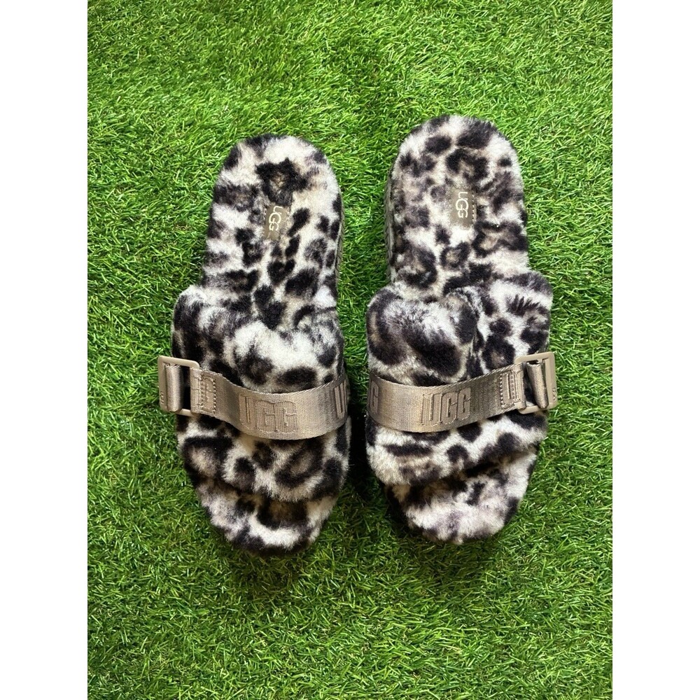 UGG Fluffita Leopard Print Platform Slide Slippers Womens Size 9 Sheepskin - Picture 4 of 7